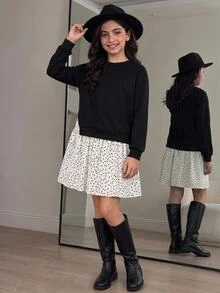 SHEIN 青少年女孩秋冬可愛拼接配色長袖洋裝，校園洋裝，衛衣洋裝 - 黑與白 - 查看 3