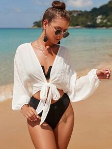 Swim Vcay Parte superior de cubrir de nudo liso para playa de verano - Blanco - Ver 7