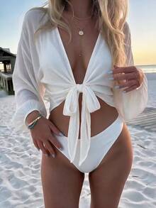 Swim Vcay Parte superior de cubrir de nudo liso para playa de verano - Blanco - Ver 2