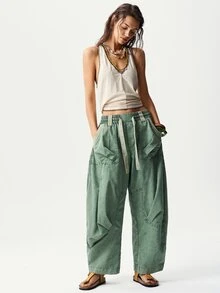 Bohemela Women's Solid Color Woven Harem Pants, Spring/Summer - Army Green - View 8