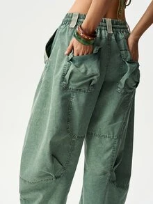 Bohemela Women's Solid Color Woven Harem Pants, Spring/Summer - Army Green - View 6