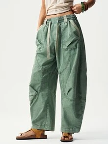 Bohemela Women's Solid Color Woven Harem Pants, Spring/Summer - Army Green - View 2
