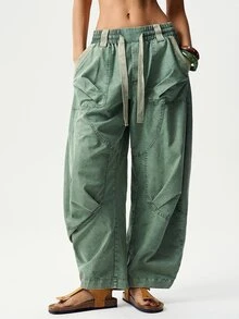 Bohemela Women's Solid Color Woven Harem Pants, Spring/Summer - Army Green - View 3