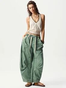 Bohemela Women's Solid Color Woven Harem Pants, Spring/Summer - Army Green - View 7