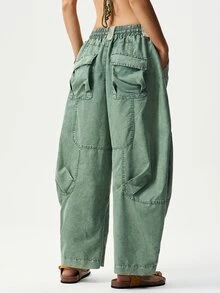 Bohemela Women's Solid Color Woven Harem Pants, Spring/Summer - Army Green - View 5