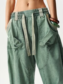 Bohemela Women's Solid Color Woven Harem Pants, Spring/Summer - Army Green - View 4