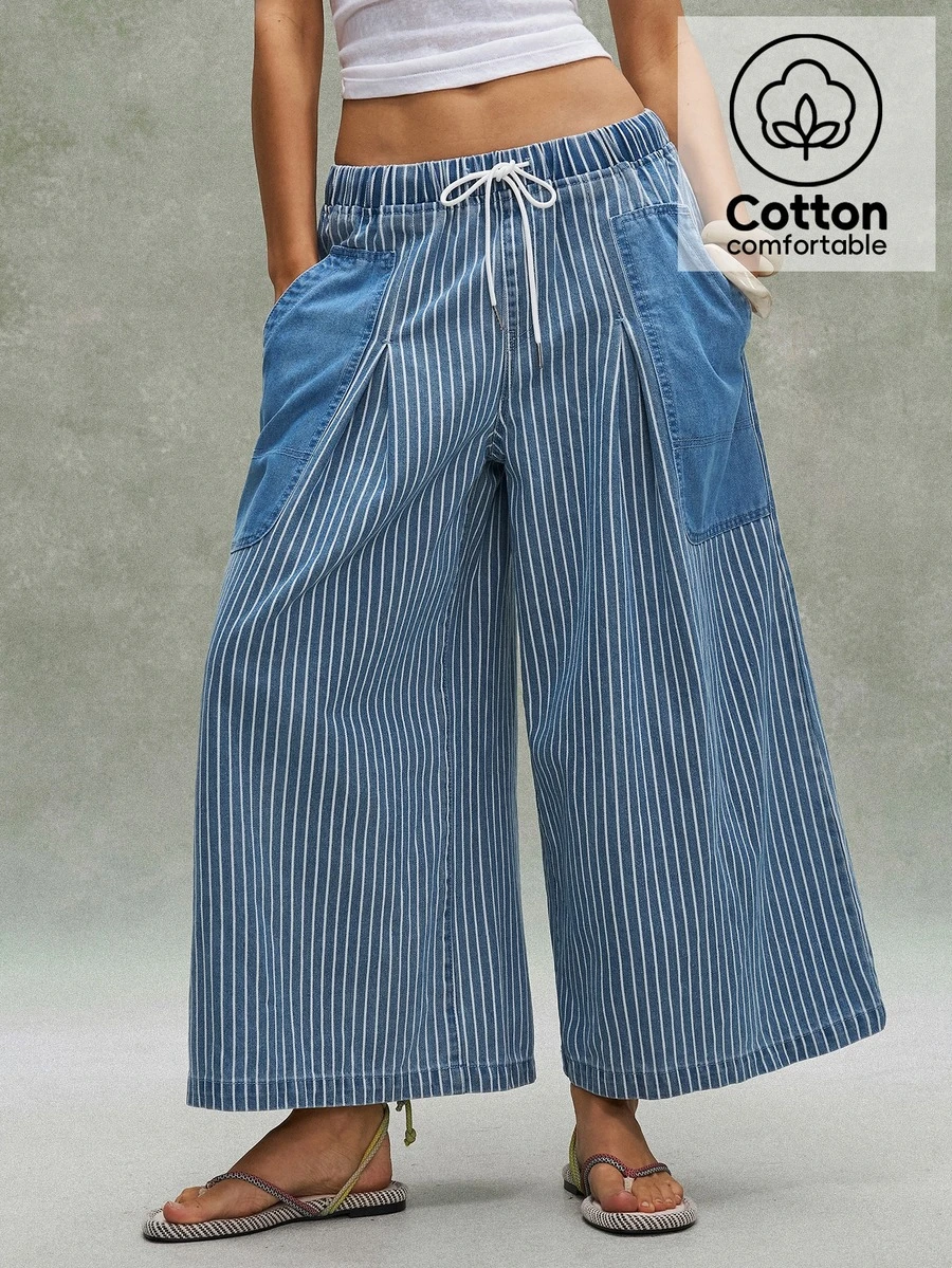 Bohemela Women's Casual Denim Striped Loose Wide-Leg Pants Vacation Blue White Striped Autumn - Blue - View 1