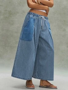 Bohemela Women's Casual Denim Striped Loose Wide-Leg Pants Vacation Blue White Striped Autumn - Blue - View 4