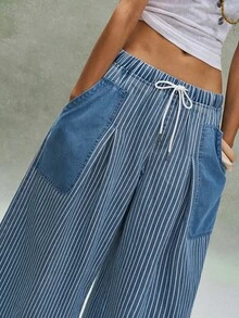 Bohemela Women's Casual Denim Striped Loose Wide-Leg Pants Vacation Blue White Striped Autumn - Blue - View 5