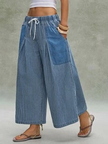 Bohemela Women's Casual Denim Striped Loose Wide-Leg Pants Vacation Blue White Striped Autumn - Blue - View 2