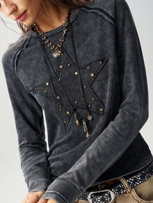 Bohemela Casual Grunge Solid Color Knit Round Neck Short Sleeve Fitted Washed Women's T-Shirt Night Out Dark Grey Autumn - Black - View 2