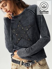 Bohemela Casual Grunge Solid Color Knit Round Neck Short Sleeve Fitted Washed Women's T-Shirt Night Out Dark Grey Autumn - Black - View 1