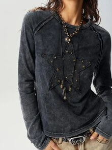 Bohemela Casual Grunge Solid Color Knit Round Neck Short Sleeve Fitted Washed Women's T-Shirt Night Out Dark Grey Autumn - Black - View 5