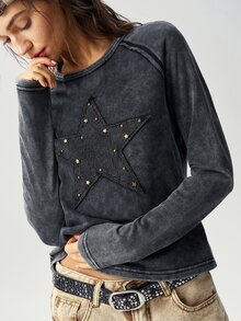 Bohemela Casual Grunge Solid Color Knit Round Neck Short Sleeve Fitted Washed Women's T-Shirt Night Out Dark Grey Autumn - Black - View 3