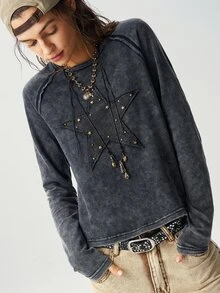 Bohemela Casual Grunge Solid Color Knit Round Neck Short Sleeve Fitted Washed Women's T-Shirt Night Out Dark Grey Autumn - Black - View 6