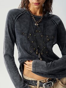 Bohemela Casual Grunge Solid Color Knit Round Neck Short Sleeve Fitted Washed Women's T-Shirt Night Out Dark Grey Autumn - Black - View 4