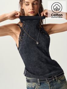 Bohemela Casual Solid Color Knit Women's Tank Top - Black - View 3