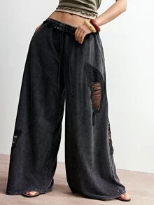 Bohemela Dark Green,Summer,Boho,Vacation,Holiday Women's Vintage Casual Chic Butterfly Cutout Relaxed Fit Solid Color Washed Knit Wide Leg Pants,Western Style - Black - View 8