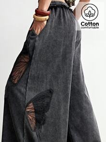 Bohemela Dark Green,Summer,Boho,Vacation,Holiday Women's Vintage Casual Chic Butterfly Cutout Relaxed Fit Solid Color Washed Knit Wide Leg Pants,Western Style - Black - View 1