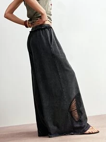Bohemela Dark Green,Summer,Boho,Vacation,Holiday Women's Vintage Casual Chic Butterfly Cutout Relaxed Fit Solid Color Washed Knit Wide Leg Pants,Western Style - Black - View 7