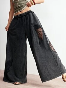 Bohemela Dark Green,Summer,Boho,Vacation,Holiday Women's Vintage Casual Chic Butterfly Cutout Relaxed Fit Solid Color Washed Knit Wide Leg Pants,Western Style - Black - View 6