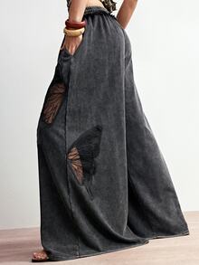 Bohemela Dark Green,Summer,Boho,Vacation,Holiday Women's Vintage Casual Chic Butterfly Cutout Relaxed Fit Solid Color Washed Knit Wide Leg Pants,Western Style - Black - View 10