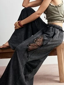 Bohemela Dark Green,Summer,Boho,Vacation,Holiday Women's Vintage Casual Chic Butterfly Cutout Relaxed Fit Solid Color Washed Knit Wide Leg Pants,Western Style - Black - View 9