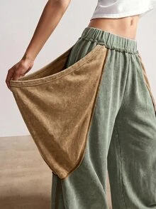 Bohemela 休閒針織拼接色寬鬆寬腿水洗女裝長褲 - 綠色 - 查看 5