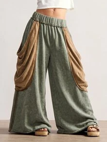 Bohemela 休閒針織拼接色寬鬆寬腿水洗女裝長褲 - 綠色 - 查看 2