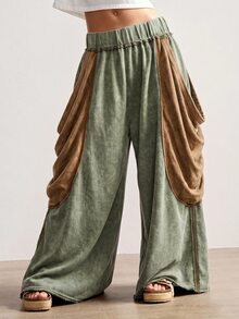 Bohemela 休閒針織拼接色寬鬆寬腿水洗女裝長褲 - 綠色 - 查看 6