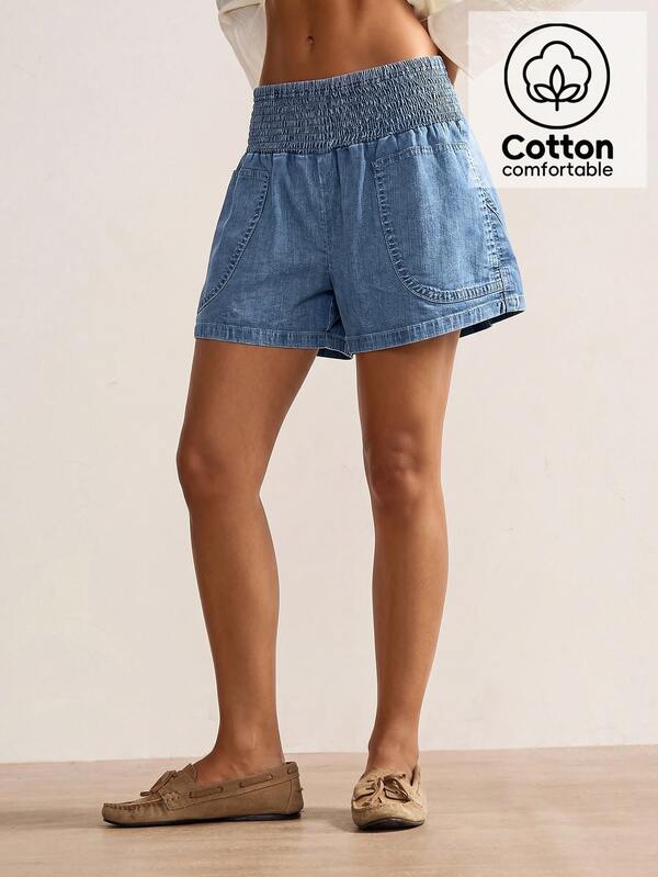 Bohemela Casual Solid Color Woven Denim Loose Fit Women's Shorts Vacation Dark Blue Summer