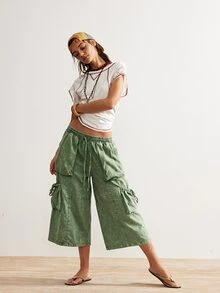 Bohemela 女款鼠尾草綠夏季波西米亞度假休閒七分褲，復古水洗純色梭織工裝褲，休閒西式鄉村風，Y2K - 綠色 - 查看 7