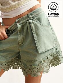 Bohemela Women's Casual Solid Color Woven Shorts - Army Green - View 1