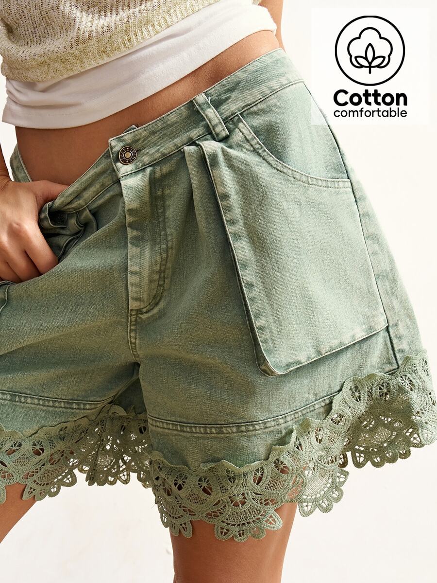 Bohemela Women's Casual Solid Color Woven Shorts - Army Green - View 1