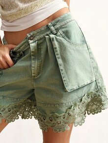 Bohemela Women's Casual Solid Color Woven Shorts - Army Green - View 3