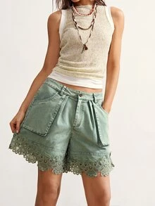 Bohemela Women's Casual Solid Color Woven Shorts - Army Green - View 4