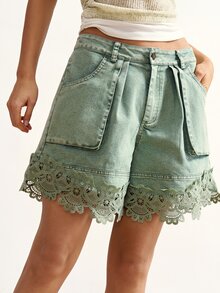 Bohemela Women's Casual Solid Color Woven Shorts - Army Green - View 6