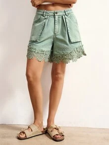 Bohemela Women's Casual Solid Color Woven Shorts - Army Green - View 5