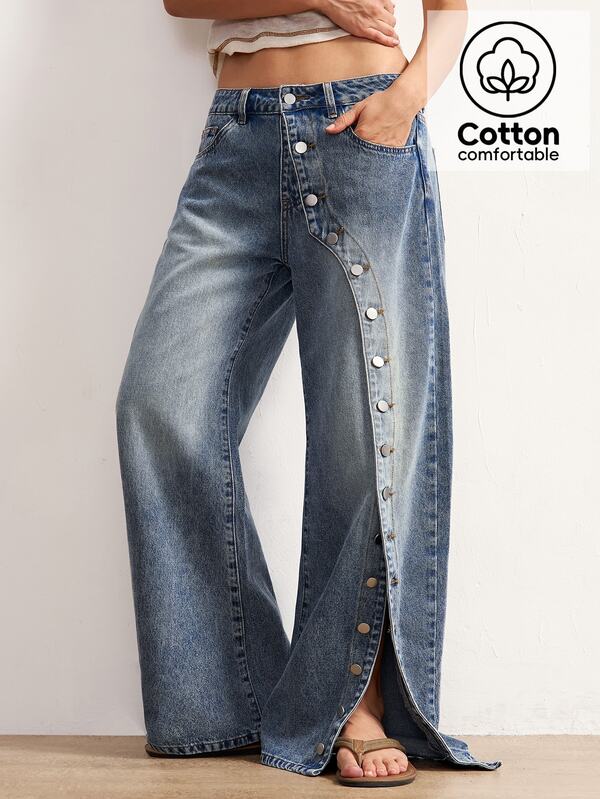 Bohemela Pantalones vaqueros de mujer de primavera/verano de estilo casual tejido con detalles de botones metálicos para un acabado audaz e inspirado en el estilo retro. Fácil de combinar para looks de día a noche: combínalos con una camiseta básica, top corset o blusa suelta para looks desenfadados, de estilo Y2K y listos para festivales. Perfectos para salidas diarias, festivales de música, fiestas, estilo urbano, vacaciones, conciertos de country y noches de conciertos.