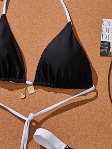 Swim Mod 女士夏季新款撞色波点印花双面露背系带性感比基尼套装，适合海滩度假 - 黑與白 - 查看 5