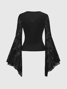 ROMWE Áo tay loe cổ chữ V ren xếp tầng phong cách Gothic gợi cảm, thích hợp cho buổi hẹn hò ngày lễ tình nhân - màu đen - Xem 6