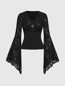 ROMWE Áo tay loe cổ chữ V ren xếp tầng phong cách Gothic gợi cảm, thích hợp cho buổi hẹn hò ngày lễ tình nhân - màu đen - Xem 1