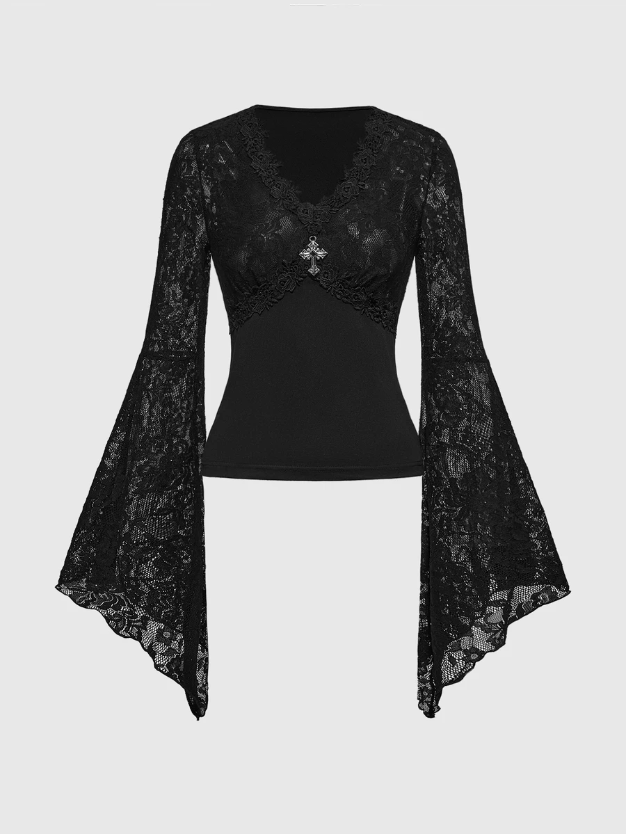 ROMWE Áo tay loe cổ chữ V ren xếp tầng phong cách Gothic gợi cảm, thích hợp cho buổi hẹn hò ngày lễ tình nhân - màu đen - Xem 1