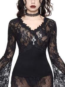 ROMWE Áo tay loe cổ chữ V ren xếp tầng phong cách Gothic gợi cảm, thích hợp cho buổi hẹn hò ngày lễ tình nhân - màu đen - Xem 3