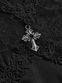ROMWE Áo tay loe cổ chữ V ren xếp tầng phong cách Gothic gợi cảm, thích hợp cho buổi hẹn hò ngày lễ tình nhân - màu đen - Xem 7