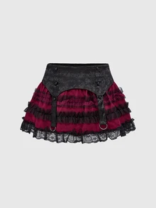 ROMWE Valentine's Day Gothic Jacquard Lace & Mesh Panel Tiered Ruffle Hem Mini Skirt - Black - View 1