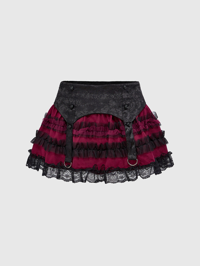 Goth Minifalda con volantes escalonados, encaje jacquard y panel de malla estilo gótico para el Día de San Valentín