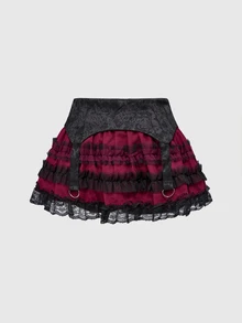 ROMWE Valentine's Day Gothic Jacquard Lace & Mesh Panel Tiered Ruffle Hem Mini Skirt - Black - View 7