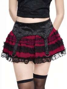 ROMWE Valentine's Day Gothic Jacquard Lace & Mesh Panel Tiered Ruffle Hem Mini Skirt - Black - View 6