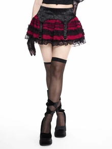 ROMWE Valentine's Day Gothic Jacquard Lace & Mesh Panel Tiered Ruffle Hem Mini Skirt - Black - View 3
